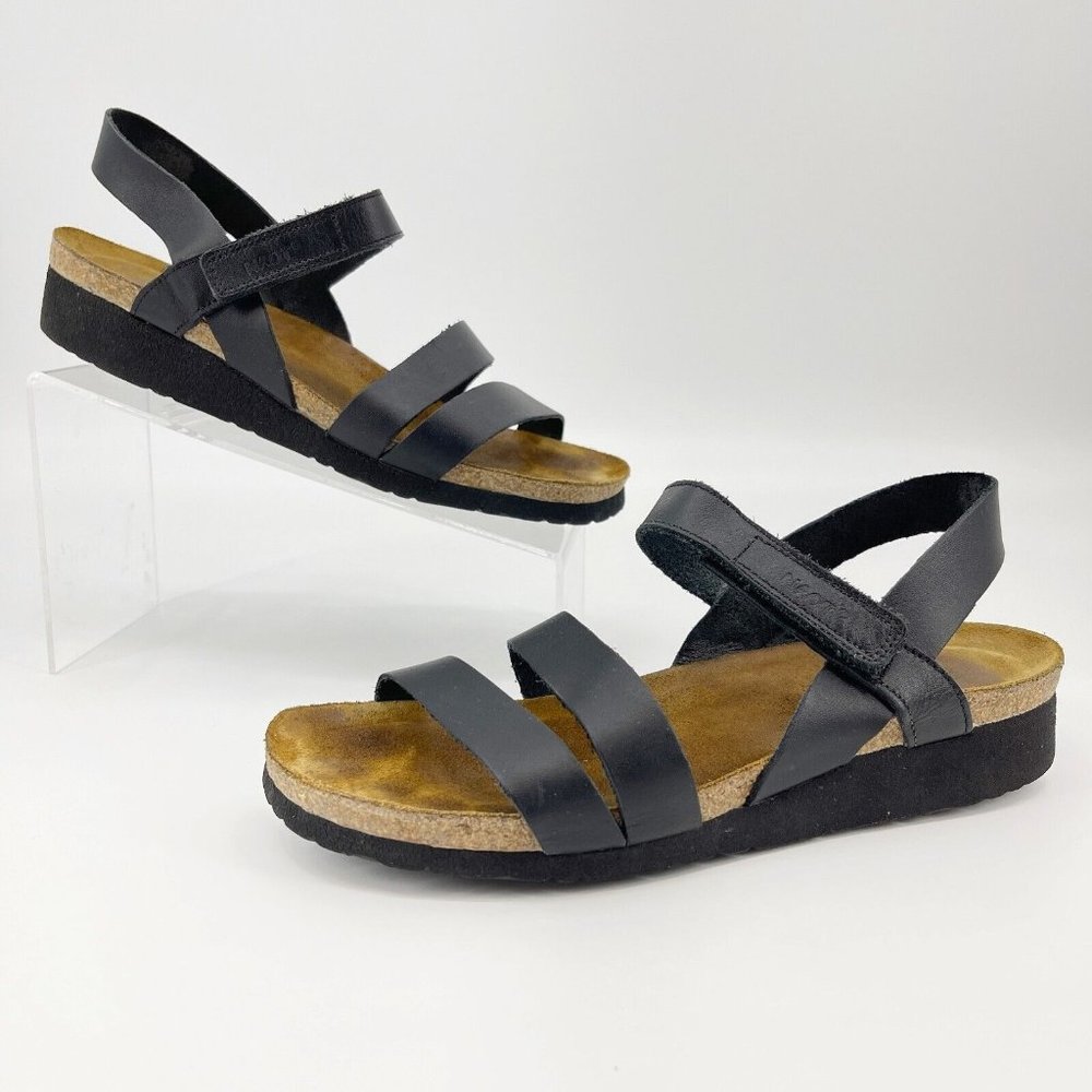 Naot Size 42 US 10 Kayla Black Strappy Wedge Cork Comfort Sandals Hook & Loop